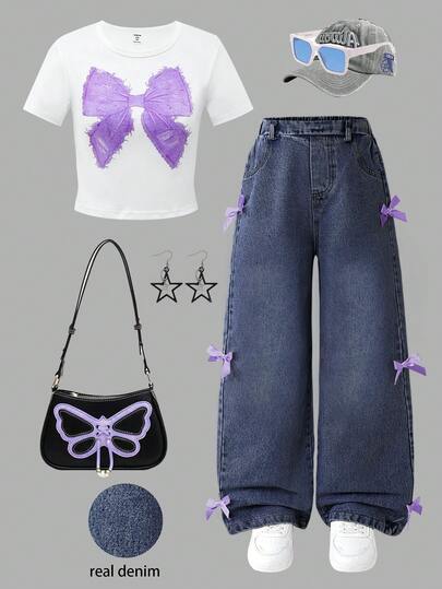 Sparklyn 2 件女童休闲蝴蝶结 T 恤和牛仔裤套装，适合日常穿着和通勤