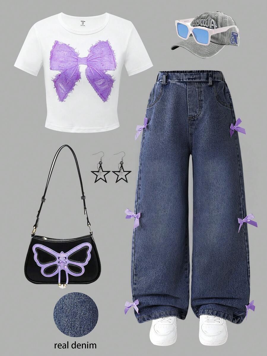 Sparklyn 2 件女童休闲蝴蝶结 T 恤和牛仔裤套装，适合日常穿着和通勤 - 彩色 - 查看 1