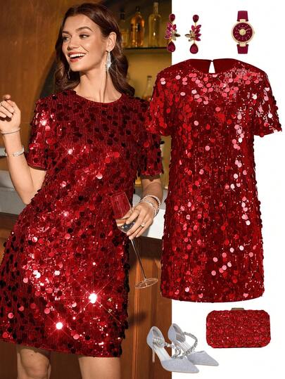 Ellevyn Colorful Sequin Party Dress, Straight Fit Short Sleeve Mini Dress For Women
