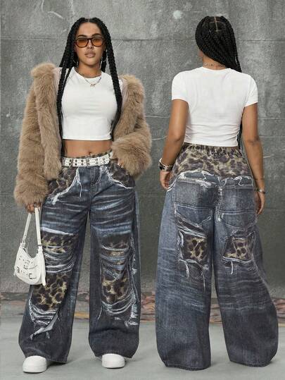 Grunge Punk Jeans femme vintage lavé usé imprimé léopard style grunge-punk, pantalon en jean cool de rue grande taille