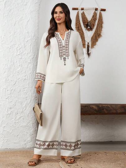 EMERY ROSE Damset med två delar, geometriskt tryck och skjorta och byxor för semester och avslappnad stil