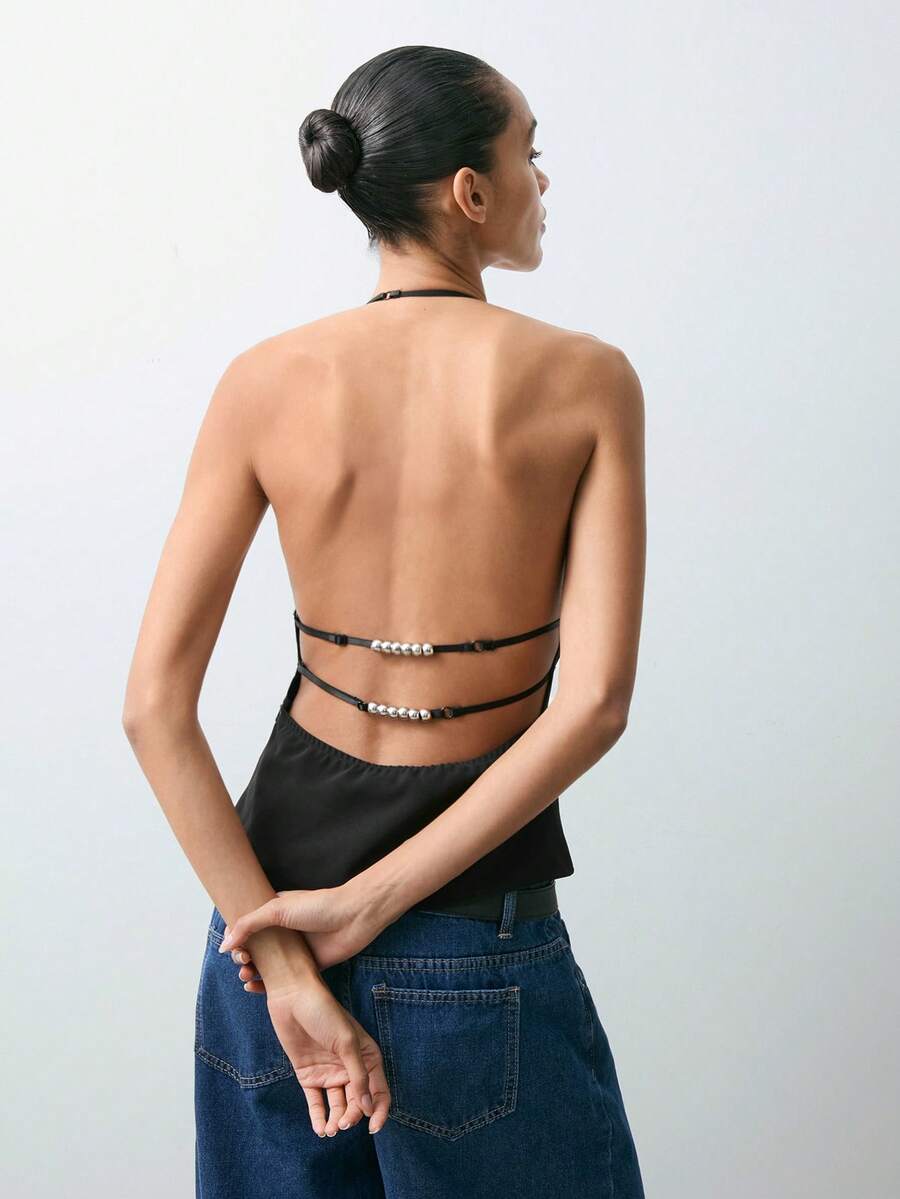 Maija 女士时尚性感露背吊带背心 - 黑色 - 查看 1