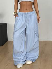 Muchica Women's New Elastic Waist Wide Pocket Loose Drawstring Ankle Length Pants - Blue - View 3