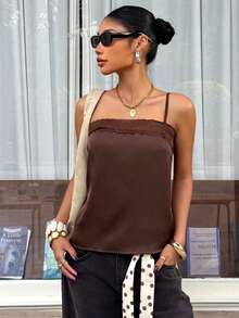 Muchica 女士棕色缎面撞色蕾丝边吊带背心