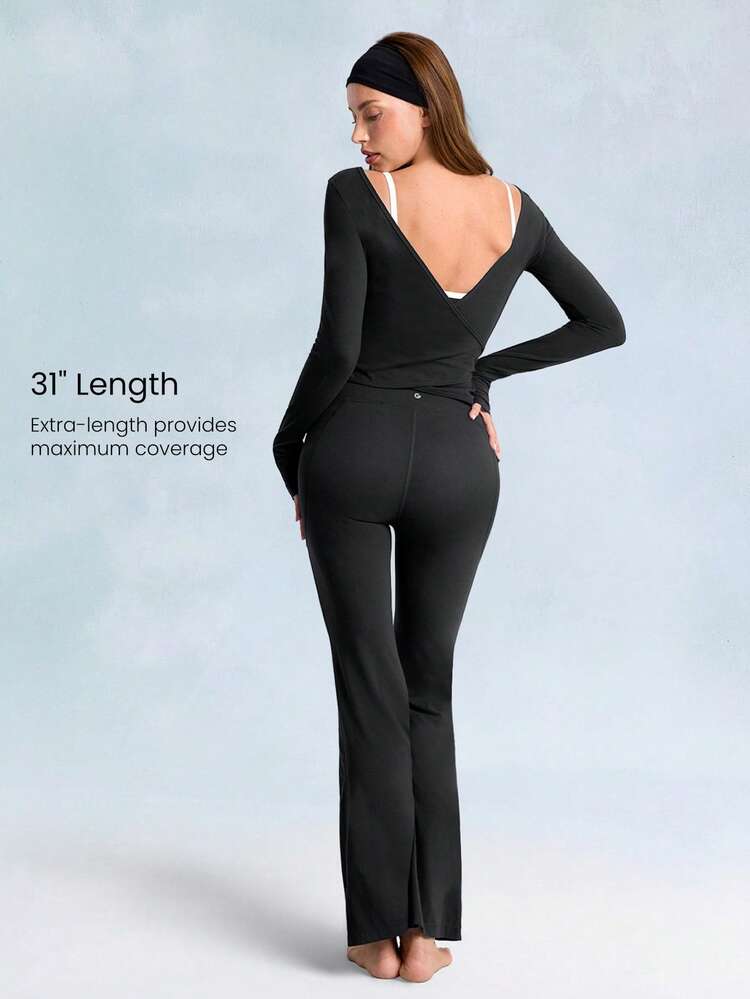 31" FeatherFit™ 메가 플레어 립 크로스오버 웨이스트 사이드 포켓 요가 바지 로우 임팩트 데일리 캐주얼 아웃도어 스튜디오 요가