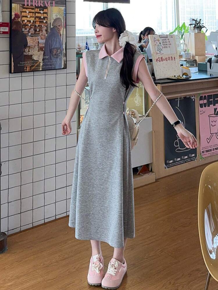 Women's Polo Collar Contrast Color Casual Short Sleeve Midi Dress Summer Sundress