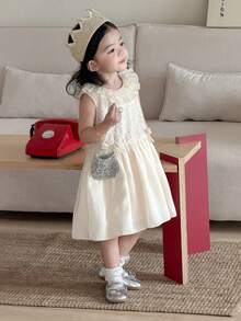 DAZY 女童韩版休闲荷叶边蕾丝纯色清新生日派对连衣裙 - 米色 - 查看 11