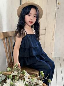 DAZY 2 st/set unga flickor mångsidig sommarlinne med topp och casualbyxor - Blå - Visa 5