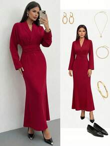 Firerie Women's New Satin Solid Color Ruffle Collar Cinched Waist Fishtail Hem Maxi Dress, V-Neck Business Dress, Puff Sleeve Dress, Blazer Style Dress, Fishtail Hem Dress, Spring Summer Autumn Winter Clothing, Elegant, Commute, Date, Party, Wedding Season, Graduation, Prom, Performance, Concert, Work Attire, Back To School, Annual Party, Women's Birthday, Holiday Outfit - Burgundy - View 8