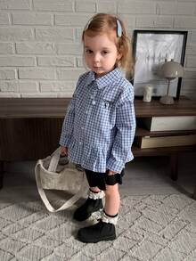Dazy Kids 女童格子休闲翻领长袖上衣，春秋季 - 藍色 - 查看 3