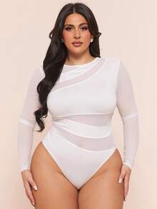 SHEIN BAE 大码女式黑色透视网纱拼接不对称连体衣，长袖，性感时尚，秋冬款 - 白色 - 查看 1