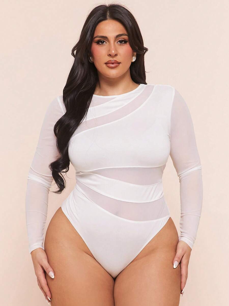 SHEIN BAE 大码女式黑色透视网纱拼接不对称连体衣，长袖，性感时尚，秋冬款 - 白色 - 查看 1