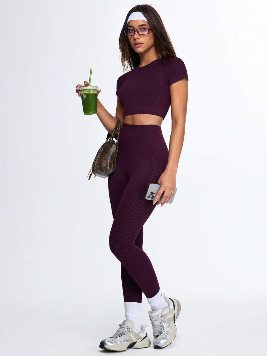 Eassivo Eassivo Women's Purple Seamless 2pcs Set Of Crop Top & Scrunch Leggings Set,High‑Waist Butt‑Lifting Workout Set With Ribbed Compression,Purple Athletic Set - Bold Plum - View 1