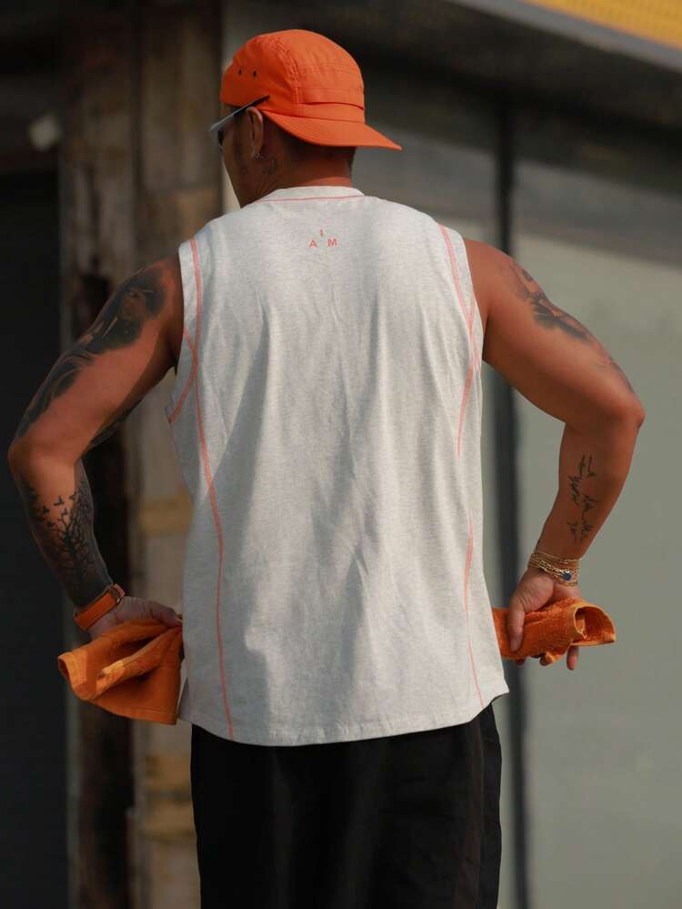 Men's Loose Fit Sleeveless Tank Top With Floral, Letter Print & Contrast Stitching, Summer