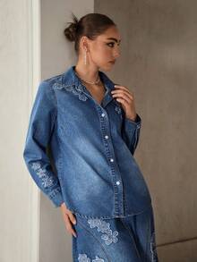 Selenza Women's Applique Long Sleeve Single-Breasted Casual Denim Shirt - Medium Wash - View 3
