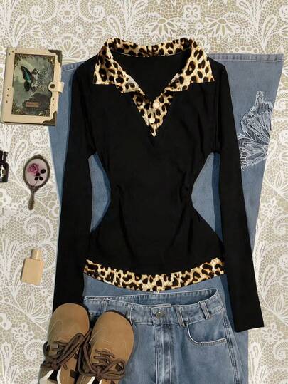 Glimmora 女士豹纹拼接衬衫领长袖休闲上衣