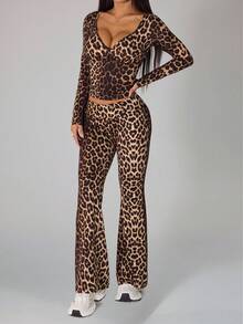 SHEIN PETITE 2 Pieces Women Leopard Print Casual Top And Pants Set Leopard Set - Brown - View 7