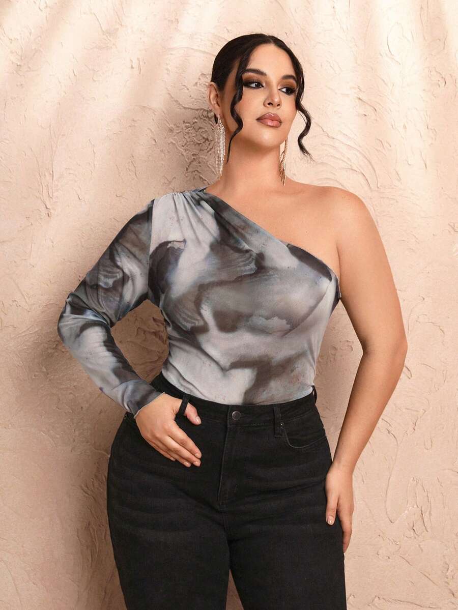 SHEIN BAE Plus Size Asymmetrical Sloping Shoulder All-Over Tie-Dye Pattern Mesh See-Through Fungus Long-Sleeved Tight T-Shirt - Multicolor - View 1