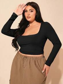 SHEIN BAE Plus Size Fall Gray Square Collar Gathered Knitted Tight Long-Sleeved T-Shirt, Elegant And Versatile Top For Commuting - Black - View 1