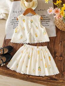 Emery Rose Kids Emery Rose Kids 两件套少女碎花蕾丝边无袖上衣和裙子套装 - 彩色 - 查看 2