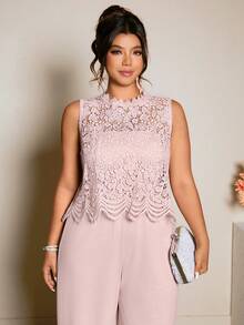 Cravure 春夏新款水溶蕾丝边吊带背心+阔腿连体裤女装套装，优雅精致，时尚百搭，适合工作或鸡尾酒会等场合，经典款式 - 粉色 - 查看 6