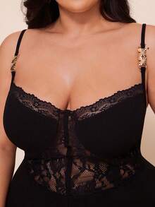 SHEIN BAE Bộ áo liền quần không tay phối ren tương phản dành cho nữ cỡ lớn - màu đen - Xem 9