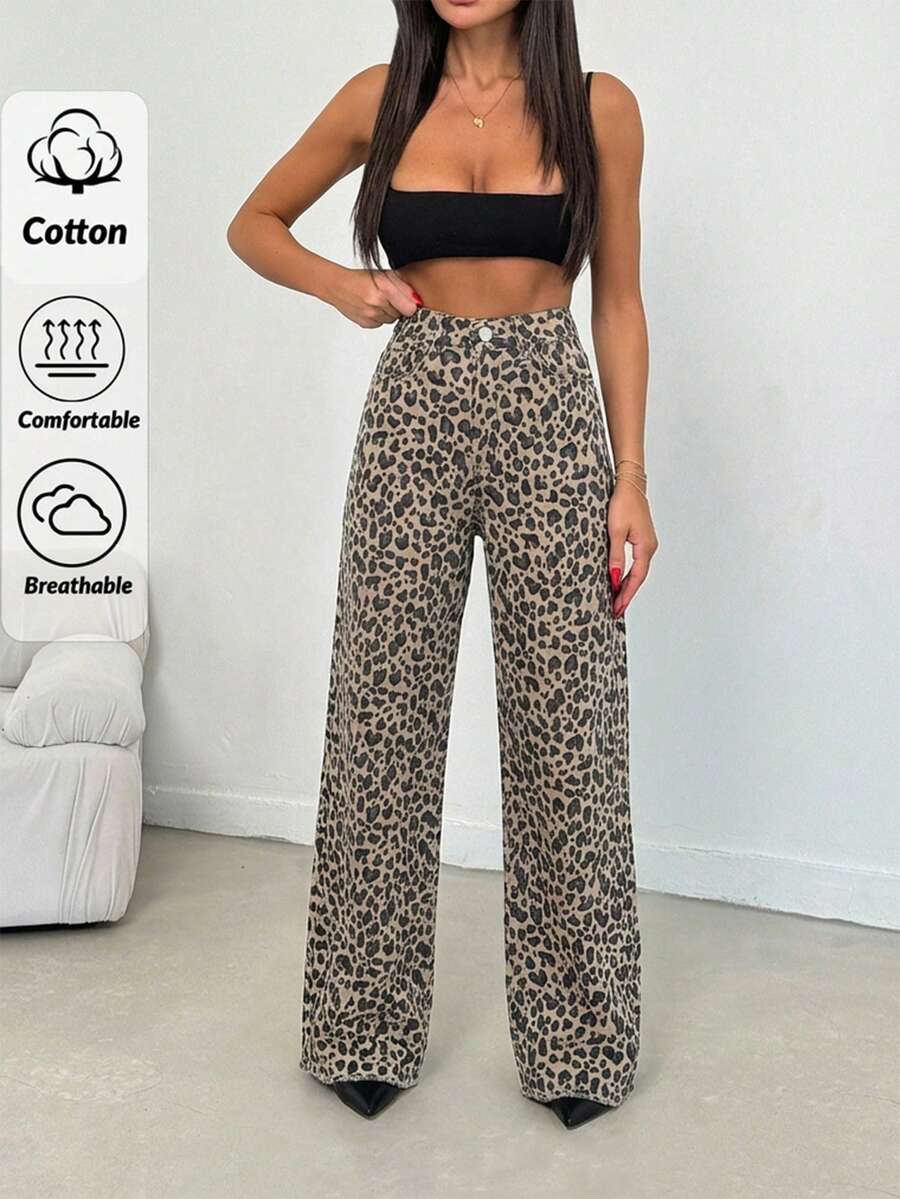 SHEIN PETITE 100% Cotton MID RISE WIDEEG CUT LEOPARD PETITE JEAN - Multicolor - View 1