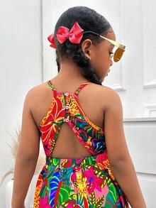 Travachic KIDS Travachic KIDS 年轻女孩优雅简约挂脖花卉印花无袖连衣裙 - 粉色 - 查看 3