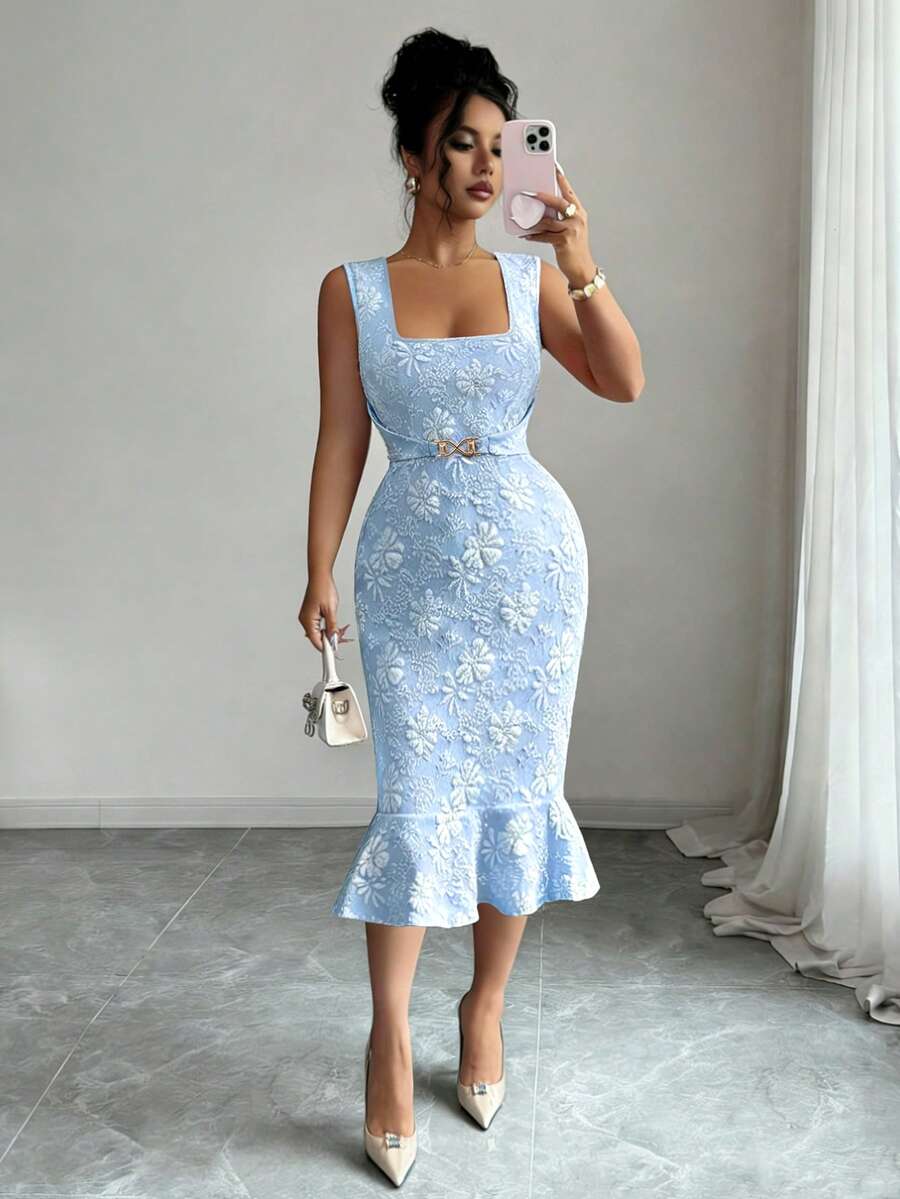 Elenzga New Spring/Summer Blue French Elegant Chic Dress, Textured Water Lily Fabric Design, Square Neck Sleeveless Waist Strap Metal Chain Cinched Waist Slim-Fit Flounce Hem Women Sheath Dress - Blue - View 1