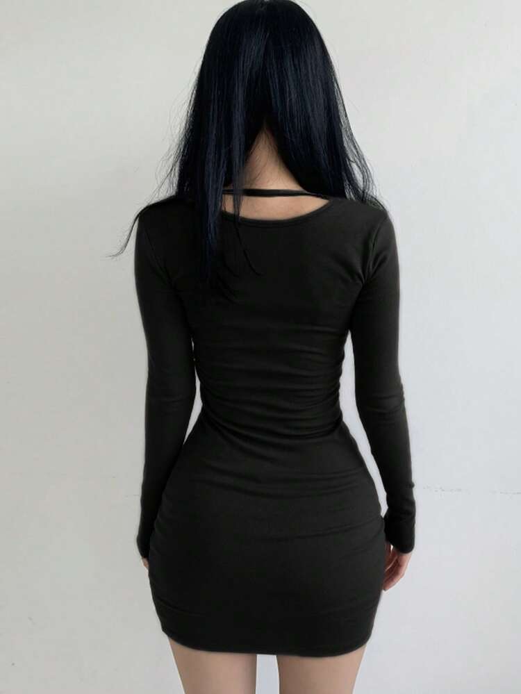 Women's Solid Color Comfortable Round Neck Long Sleeve Mid-Length Dress Sundress