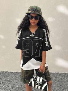 Áo thun bóng đá lưới thoáng khí họa tiết số, phong cách đường phố Y2K mùa xuân và hè dành cho bé gái. - Đen và trắng - Xem 6