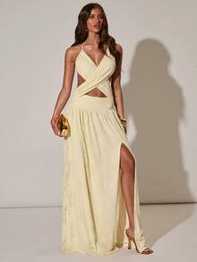 SHEIN BAE Women's Hollow-Out Overlap Back Sleeveless Long Yellow Textured Fabric Dress, Suitable For Spring/Summer Vacation, Beach, Gathering With Friends, Dating - Yellow - View 3