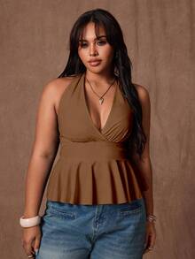 Rustia Plus Size Women Solid Color Halter Tie Back Ruffle Hem Top, Fashionable And Versatile For Commuting And Dating - Coffee Brown - View 4