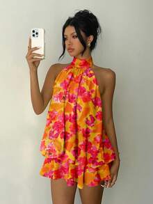 Aloruh 女士优雅橙红色涂鸦花卉印花露背系带迷你连衣裙，女士度假连衣裙，女士夜间外出连衣裙，女士夏季连衣裙，女士蜜月旅行装，海岛度假装，女士吊带裙，女士优雅音乐节连衣裙 - 橘色 - 查看 4