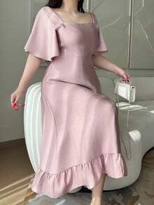 Dazy Plus Đầm dáng rộng, cổ vuông, tay ngắn, thắt eo, màu hồng, kiểu dáng thanh lịch, thích hợp cho mùa xuân/hè. - Hồng - Xem 1