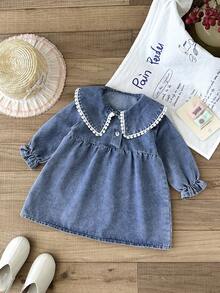 SHEIN LMoss Kids Baby Girls' Blue Denim Lapel Long Sleeve Loose Dress - Light Wash - View 1