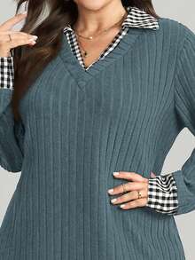 Comfylo Plus Size V-Neck 2 In 1 Long Sleeve Ribbed Casual Dress - Dusty Blue - View 10