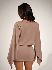 SHEIN ICON Women's Solid Color Boat Neck Flare Sleeve Fashionable Loose Mini Dress,Women's Winter Dress,Casual Outfit For Women Bell Sleeves Neutral Clothes For Women Cape Top Women's Fashion - Khaki - View 2