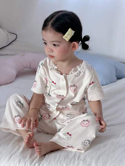 DAZY 2pcs Baby Girls' Lace Patchwork Cartoon Print Long Sleeve T-Shirt And Pants Pajama Set