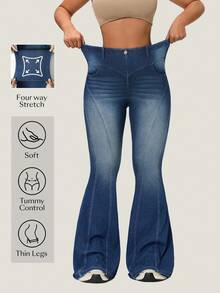 Flexra Women's Casual Washed High Waist Flare Jeans - Blue - View 1