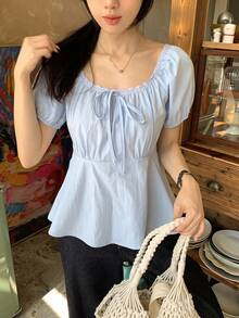 DAZY 女士蕾丝蝴蝶结清新甜美泡泡袖上衣 春季 - 淺藍色 - 查看 9