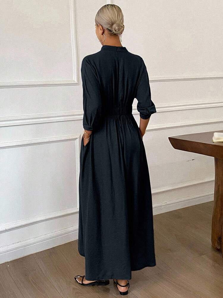 Women's Casual V-Neck Midi Dress, Solid Color, Autumn Sundress