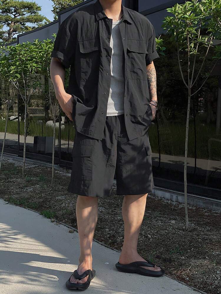 Men's Solid Color Single-Breasted Lapel Collar Short Sleeve Shirt Top And Shorts Casual Daily Outfit Summer