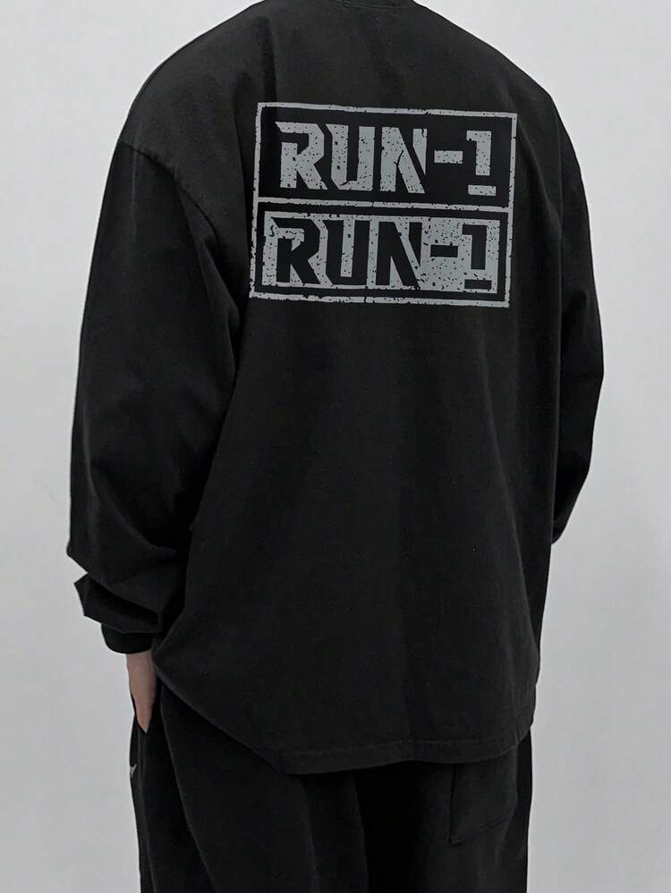 Men's Distressed Letter Print Black T-Shirt, Autumn