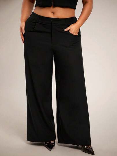 SHEIN BAE Plus Size Women Spring/Summer Casual High Street Loose/Fitted Pants, Black Pocket Straight Leg Wide Leg Office Trousers, Fashion Low/Mid Waist Slacks, Suitable For Valentine's Day Outings, Afternoon Tea, Work, School, Carnival, Beach, Vacation, Back To School, Cool Girl