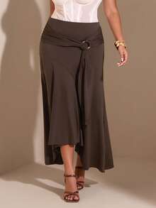 SHEIN BAE 大码纯色不对称褶皱荷叶边半身裙，优雅半身裙，适合派对、聚会、海滩、休闲场合，也适合大码女性，可作为正式晚礼服穿着，适合大码婚礼、生日派对、音乐节等场合，曲线身材。 - 棕色 - 查看 1