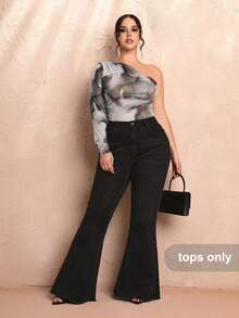 SHEIN BAE Plus Size Asymmetrical Sloping Shoulder All-Over Tie-Dye Pattern Mesh See-Through Fungus Long-Sleeved Tight T-Shirt - Multicolor - View 3