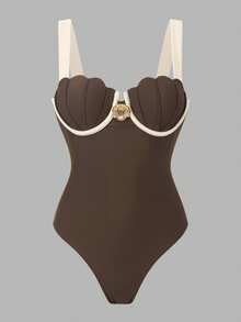 Swim Oasis 2026 Spring/Summer Women's Beach Vacation Casual Vintage Luxury Contrast Color Metal Shell Decor Backpack Shell Cup One Piece Swimsuit & Wrap-Around Skirt High-End 2-Piece Set - Brown - View 6