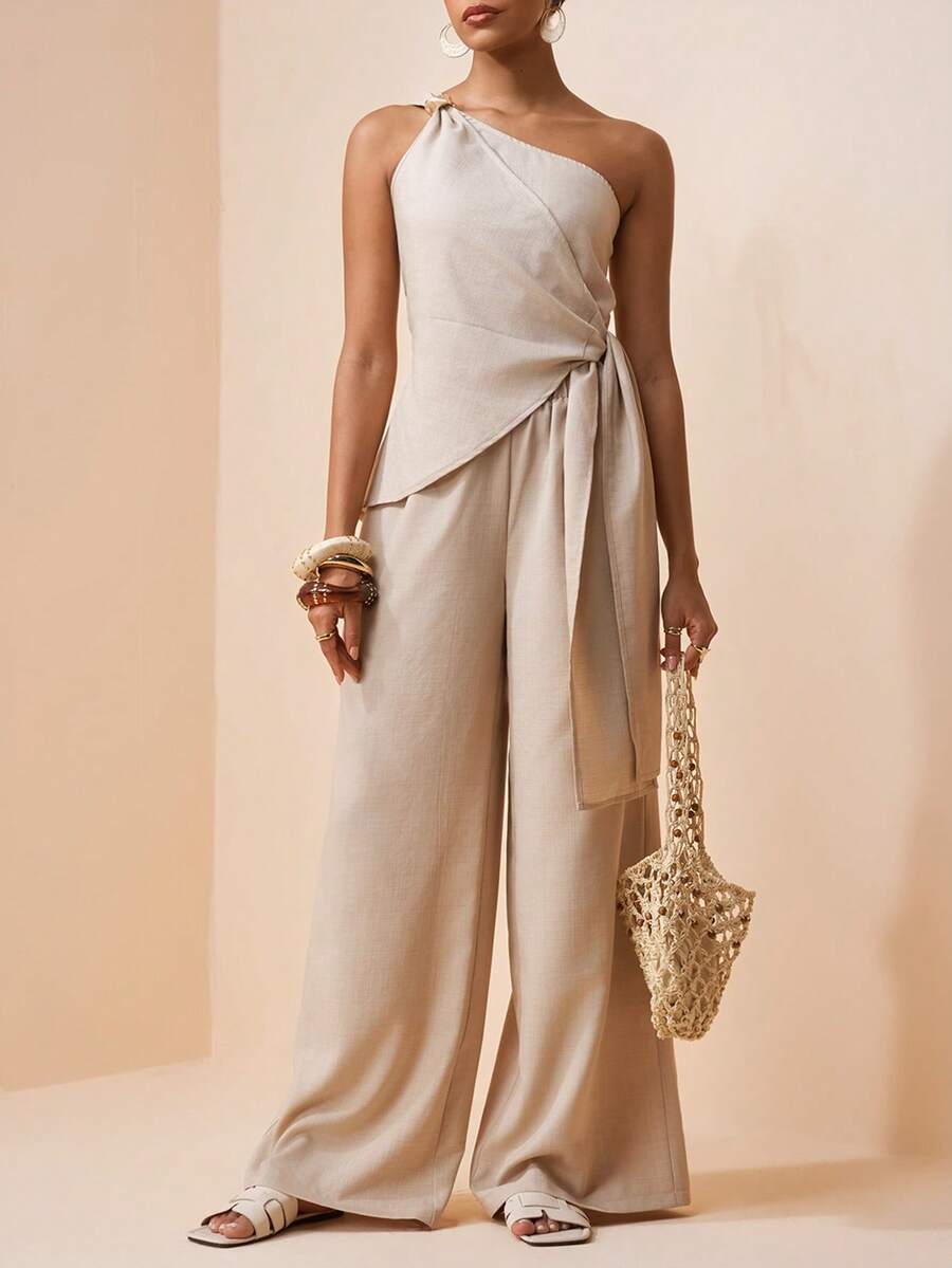 Zivah 2026 Spring/Summer One Shoulder Exposed Shoulder Waist Tie Asymmetric Hem Fitted Top + Loose Wide Leg Pants With Real Pockets, Bamboo Fiber Material, Khaki 2-Piece Set, Spring/Summer Vacation Casual Suit For Women - Khaki - View 1