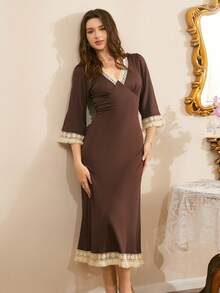 Côtesoire Lace Patchwork V-Neck Casual Nightgown Dress V-Neck Dress Elegant Dress Women Brown Dress Women Lace Trim Dress Long Dress Women - Brown - View 3